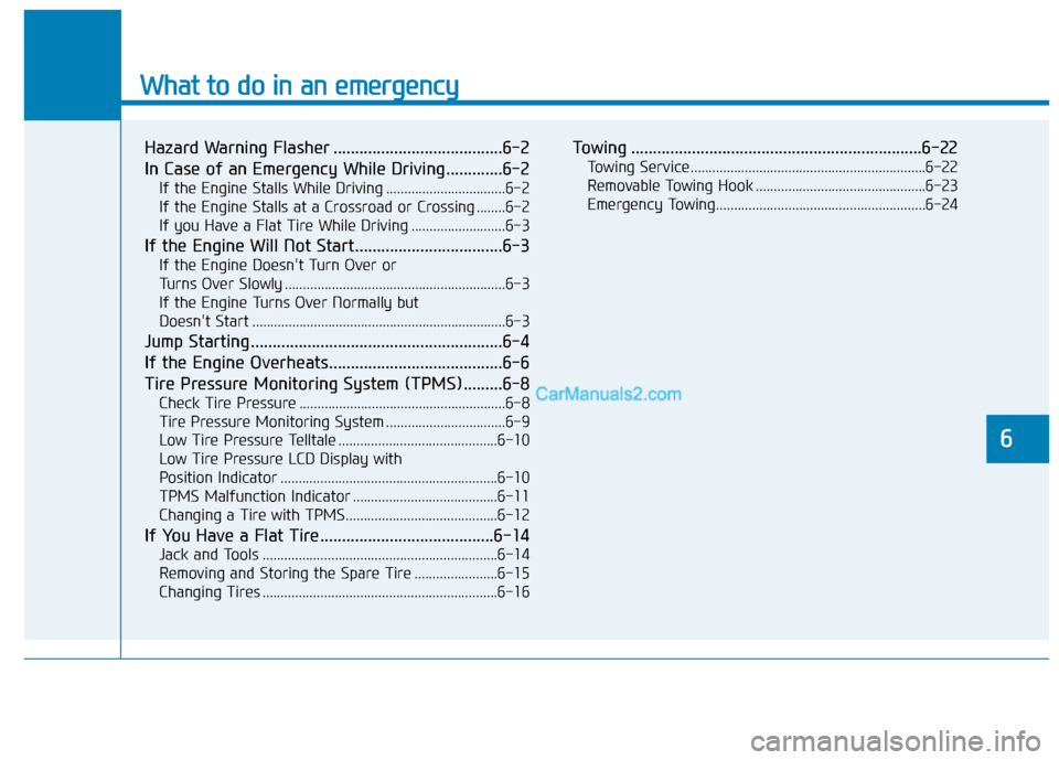 Hyundai Palisade 2020  Owners Manual What to do in an emergency
6
Hazard Warning Flasher .......................................6-2
In Case of an Emergency While Driving.............6-2
If the Engine Stalls While Driving ................