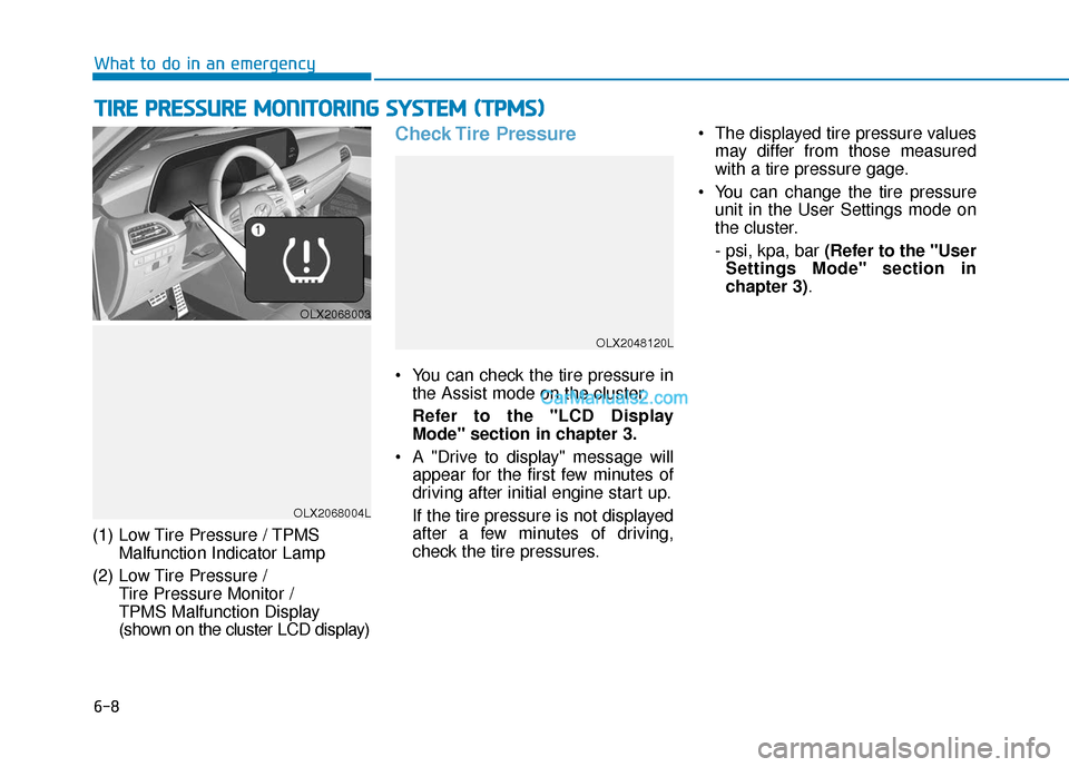 Hyundai Palisade 2020  Owners Manual 6-8
What to do in an emergency
(1) Low Tire Pressure / TPMS Malfunction Indicator Lamp
(2) Low Tire Pressure /  Tire Pressure Monitor / 
TPMS Malfunction Display
(shown on the cluster LCD display)
Che