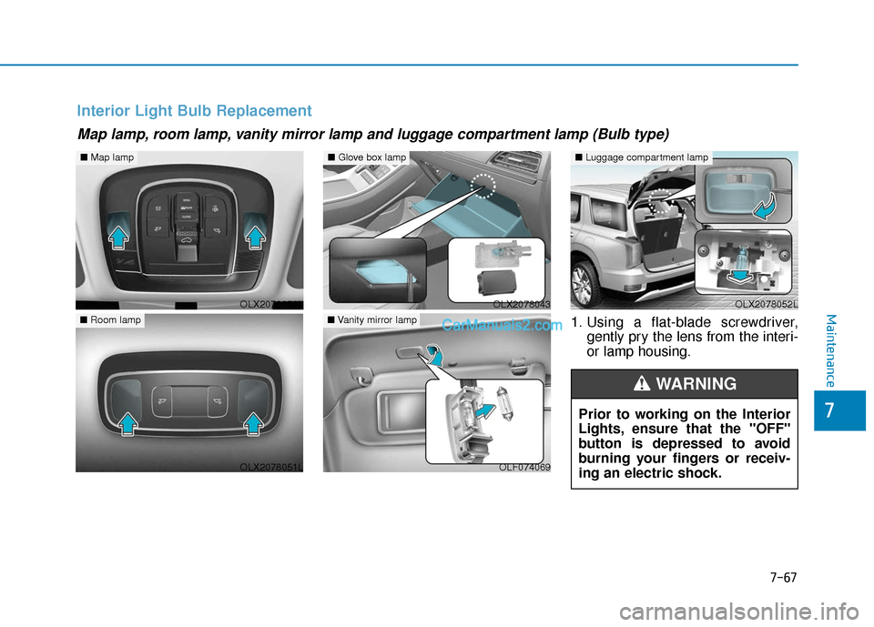 Hyundai Palisade 2020  Owners Manual 7-67
7
Maintenance1. Using a flat-blade screwdriver,gently pry the lens from the interi-
or lamp housing.
Map lamp, room lamp, vanity mirror lamp and luggage compartment lamp (Bulb type)
Interior Ligh