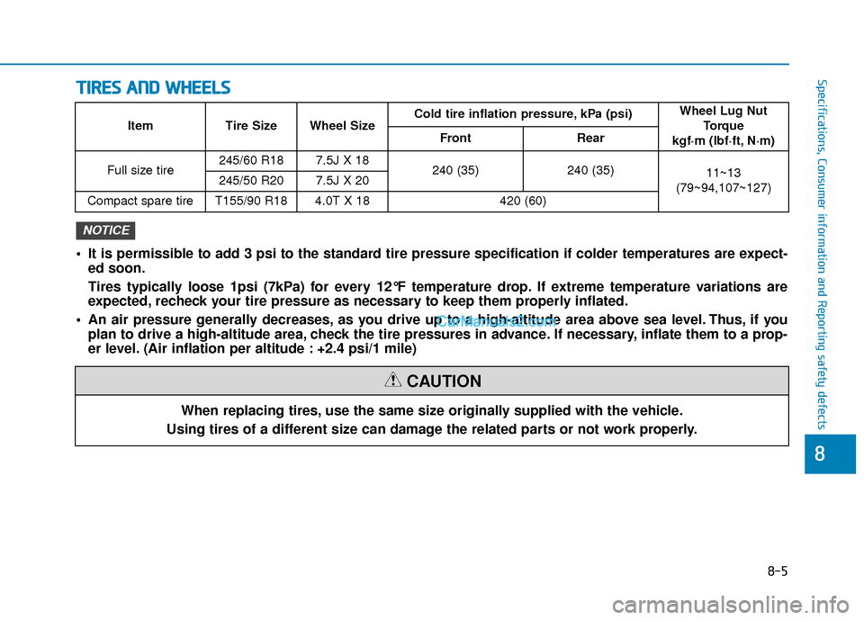 Hyundai Palisade 2020 Owners Manual T
TI
IR
R E
ES
S
A
A N
N D
D
W
W H
HE
EE
EL
LS
S
8-5
88
Specifications, Consumer information and Reporting safety defects
• It is permissible to add 3 psi to the standard tire pressure specifica Hyundai Palisade 2020 Owners Manual T
TI
IR
R E
ES
S
A
A N
N D
D
W
W H
HE
EE
EL
LS
S
8-5
88
Specifications, Consumer information and Reporting safety defects
• It is permissible to add 3 psi to the standard tire pressure specifica