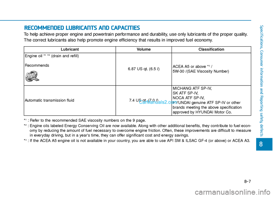 Hyundai Palisade 2020 Owners Manual 8-7
88
Specifications, Consumer information and Reporting safety defects
To help achieve proper engine and powertrain performance and durability, use only lubricants of the proper quality.
The correct Hyundai Palisade 2020 Owners Manual 8-7
88
Specifications, Consumer information and Reporting safety defects
To help achieve proper engine and powertrain performance and durability, use only lubricants of the proper quality.
The correct