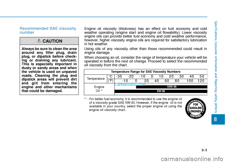 Hyundai Palisade 2020  Owners Manual 8-9
88
Specifications, Consumer information and Reporting safety defects
Recommended SAE viscosity
number 
Always be sure to clean the area
around any filler plug, drain
plug, or dipstick before check