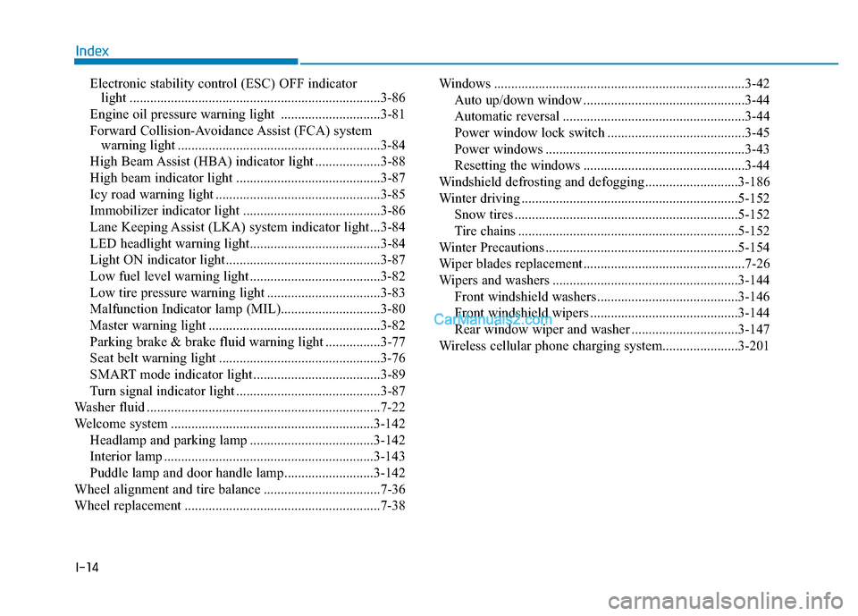 Hyundai Palisade 2020  Owners Manual I-14
Electronic stability control (ESC) OFF indicator light ........................................................................\
.3-86
Engine oil pressure warning light  .........................