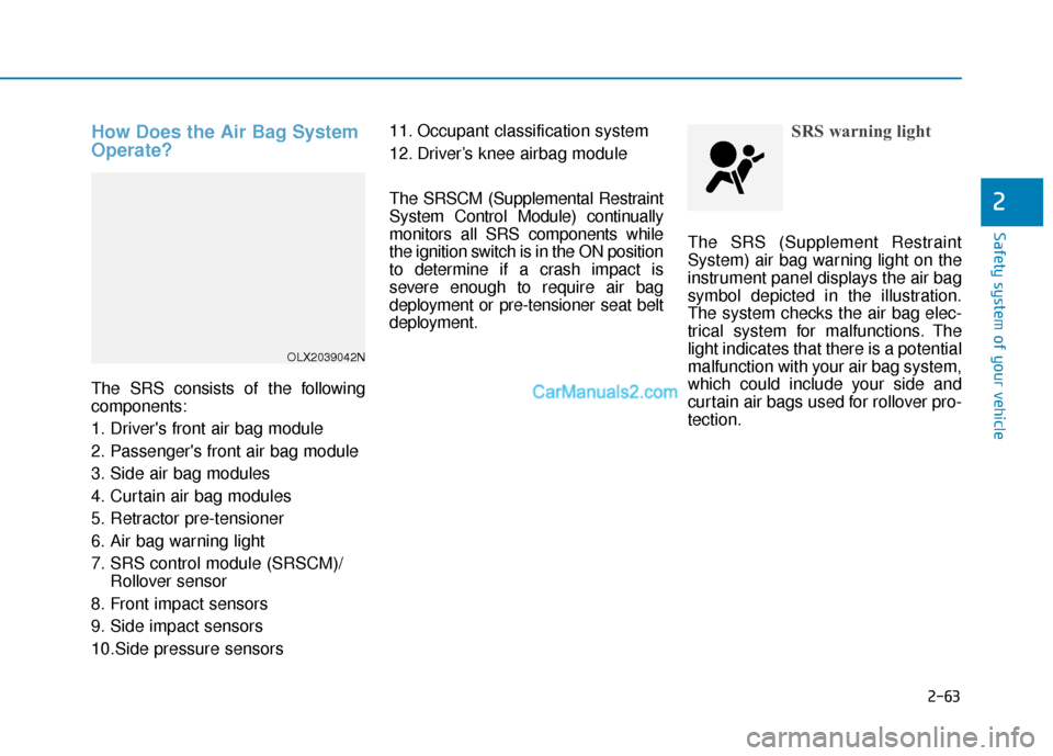Hyundai Palisade 2020  Owners Manual 2-63
Safety system of your vehicle
2
How Does the Air Bag System
Operate? 
The SRS consists of the following
components:
1. Drivers front air bag module
2. Passengers front air bag module
3. Side ai