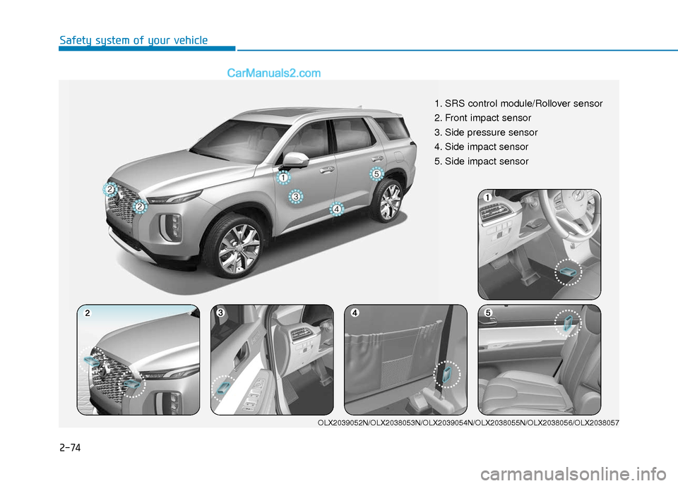Hyundai Palisade 2020 Owners Manual 2-74
Safety system of your vehicle
1. SRS control module/Rollover sensor
2. Front impact sensor
3. Side pressure sensor
4. Side impact sensor
5. Side impact sensor
OLX2039052N/OLX2038053N/OLX20390 Hyundai Palisade 2020 Owners Manual 2-74
Safety system of your vehicle
1. SRS control module/Rollover sensor
2. Front impact sensor
3. Side pressure sensor
4. Side impact sensor
5. Side impact sensor
OLX2039052N/OLX2038053N/OLX20390