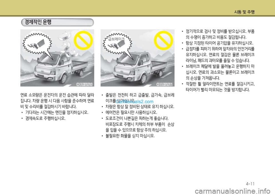 Hyundai Porter Ⅱ 2017  포터Ⅱ - 사용 설명서 (in Korean) 시동 및 주행
4-11
OHR032010OHR032010OHR032011OHR032011
급브레이크급브레이크
경제적인 운행
연료  소모량은  운전자의  운전  습관에  따라  달라
집니다. 차량 