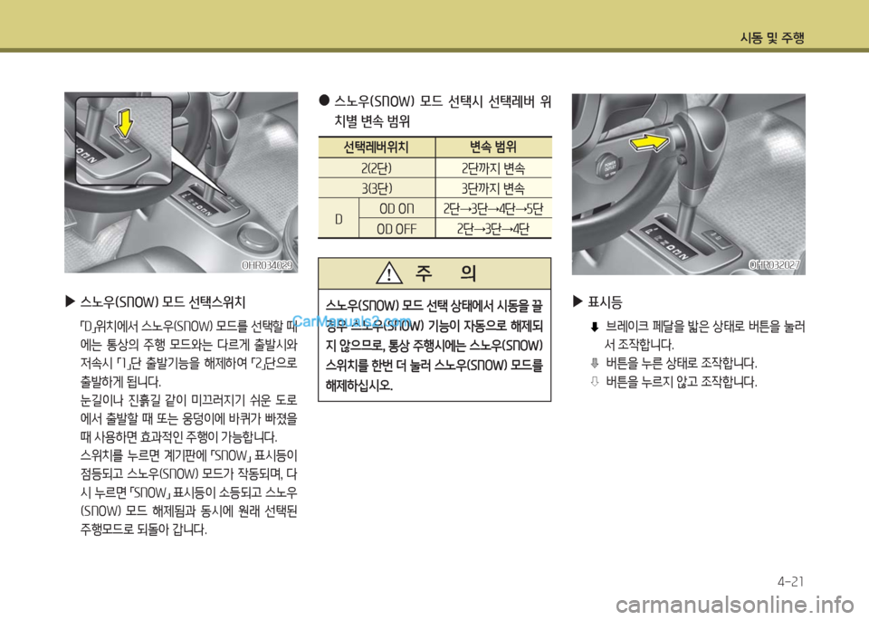 Hyundai Porter Ⅱ 2017  포터Ⅱ - 사용 설명서 (in Korean) 시동 및 주행
4-21
OHR034029OHR034029
 ▶스노우(SNOW) 모드 선택스위치
 「D」위치에서 스노우(SNOW) 모드를 선택할 때
에는  통상의  주행  모드와는  다르게  