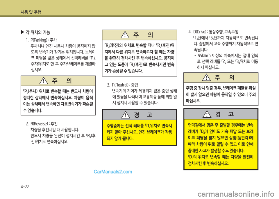 Hyundai Porter Ⅱ 2017  포터Ⅱ - 사용 설명서 (in Korean) 시동 및 주행
4-22
 ▶각 위치의 기능
1.  P(Parking) : 주차
 주차시나 엔진 시동시 차량이 움직이지 않
도록  변속기가  잠기는  위치입니다.  브레이
크  페