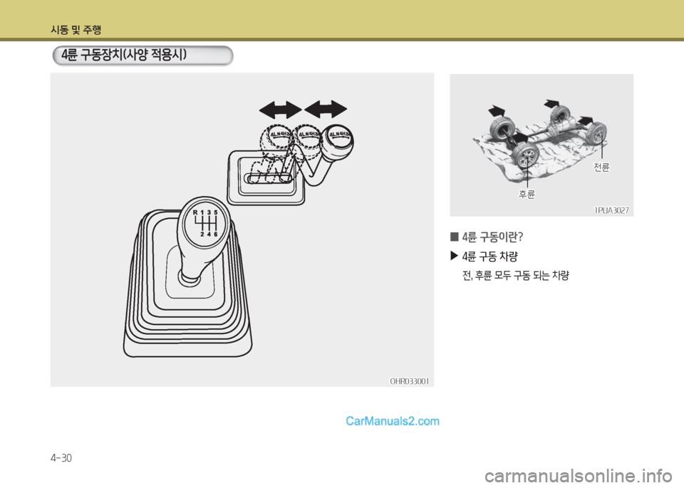 Hyundai Porter Ⅱ 2017  포터Ⅱ - 사용 설명서 (in Korean) 시동 및 주행
4-30
4륜 구동장치(사양 적용시)
1PUA30271PUA3027
 04륜 구동이란?
 ▶4륜 구동 차량
전, 후륜 모두 구동 되는 차량
OHR033001OHR033001
후륜후륜
전륜