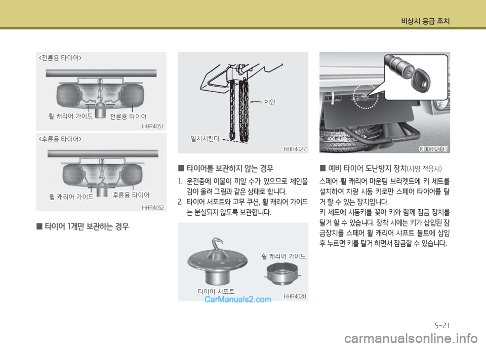Hyundai Porter Ⅱ 2017  포터Ⅱ - 사용 설명서 (in Korean) 비상시 응급 조치
5-21
HHR4051HHR4051
<전륜용 타이어><전륜용 타이어>
휠 캐리어 가이드휠 캐리어 가이드전륜용 타이어전륜용 타이어
HHR4052HHR4052
<후륜용 