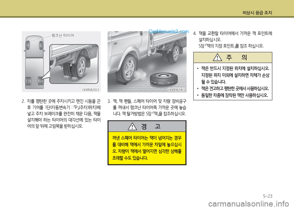 Hyundai Porter Ⅱ 2017  포터Ⅱ - 사용 설명서 (in Korean) 비상시 응급 조치
5-23
OHR042021OHR042021
펑크난 타이어펑크난 타이어
2.  차를  평탄한  곳에  주차시키고  엔진  시동을  끈 
후  기어를  1단(자동변속기  : 