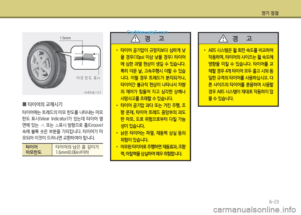 Hyundai Porter Ⅱ 2017  포터Ⅱ - 사용 설명서 (in Korean) 정기 점검
6-23
OHR042101OHR042101
1.6mm1.6mm
마모 한도 표시마모 한도 표시
 0타이어의 교체시기
타이어에는 트레드의 마모 한도를 나타내는 마모 
한도  표시