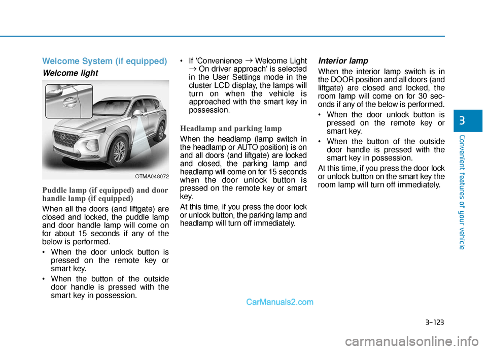 Hyundai Santa Fe 2020 Owners Guide 3-123
Convenient features of your vehicle
3
Welcome System (if equipped)
Welcome light
Puddle lamp (if equipped) and door
handle lamp (if equipped)
When all the doors (and liftgate) are
closed and l Hyundai Santa Fe 2020 Owners Guide 3-123
Convenient features of your vehicle
3
Welcome System (if equipped)
Welcome light
Puddle lamp (if equipped) and door
handle lamp (if equipped)
When all the doors (and liftgate) are
closed and l