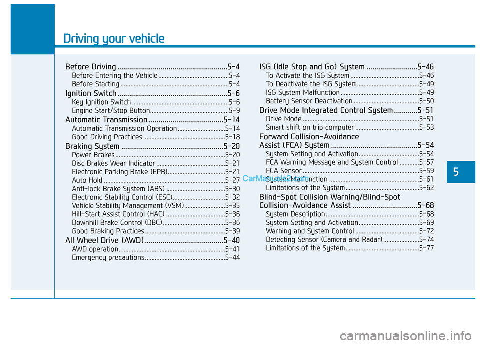 Hyundai Santa Fe 2020  Owners Manual Driving your vehicle
5
Before Driving ........................................................5-4
Before Entering the Vehicle ...........................................5-4
Before Starting ...........