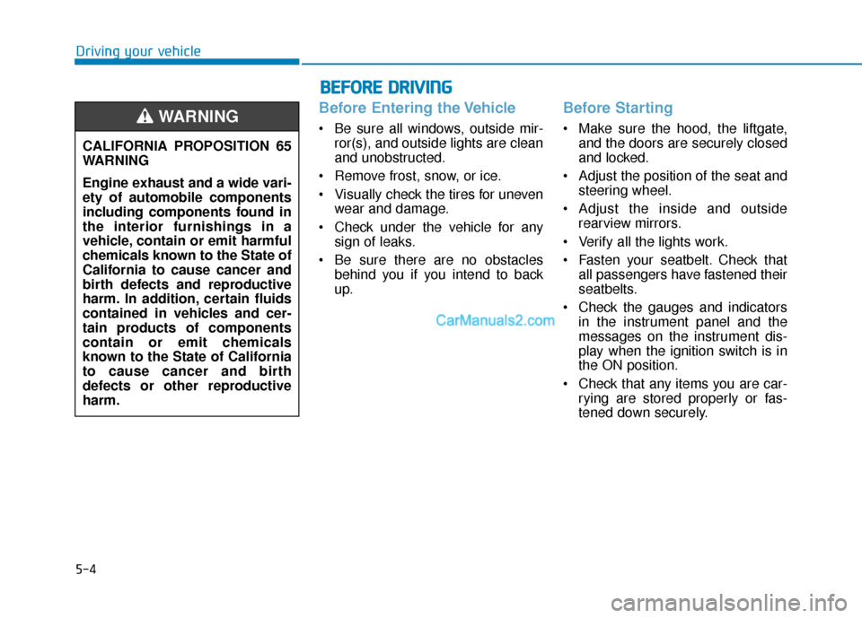 Hyundai Santa Fe 2020 Owners Guide 5-4
Driving your vehicle
Before Entering the Vehicle
• Be sure all windows, outside mir-ror(s), and outside lights are clean
and unobstructed.
 Remove frost, snow, or ice.
 Visually check the tires 