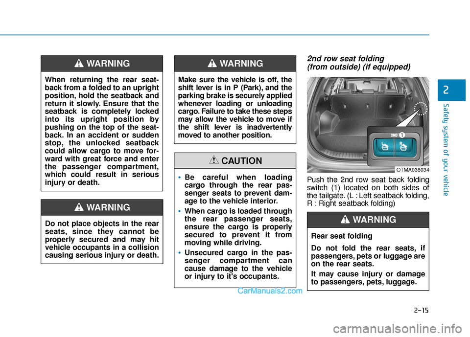 Hyundai Santa Fe 2020  Owners Manual 2-15
Safety system of your vehicle
2
2nd row seat folding (from outside) (if equipped) 
Push the 2nd row seat back folding
switch (1) located on both sides of
the tailgate. (L : Left seatback folding,