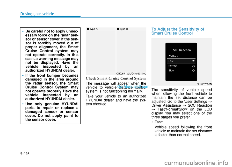 Hyundai Santa Fe 2020 Repair Manual 5-116
Driving your vehicle
Check Smart Cruise Control System
The message will appear when the
vehicle to vehicle distance control
system is not functioning normally.
Take your vehicle to an authorized