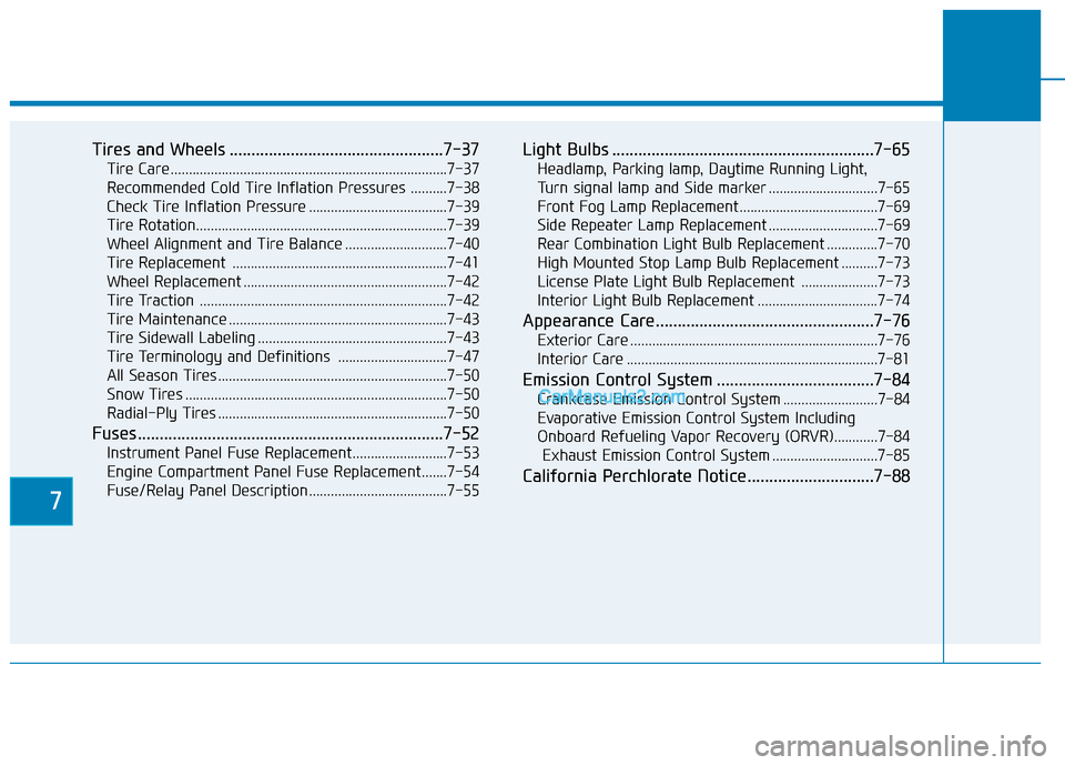 Hyundai Santa Fe 2020 User Guide 7
Tires and Wheels .................................................7-37
Tire Care ........................................................................\
....7-37
Recommended Cold Tire Inflation Pr