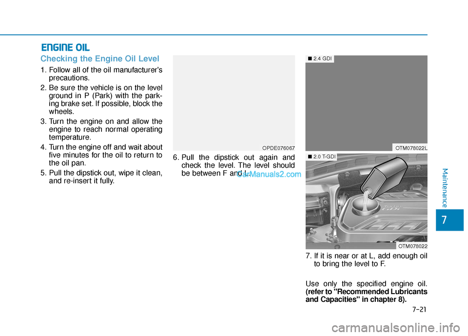Hyundai Santa Fe 2020 Owners Manual 7-21
7
Maintenance
E
EN
N G
GI
IN
N E
E
O
O I
IL
L
Checking the Engine Oil Level
1. Follow all of the oil manufacturers
precautions.
2. Be sure the vehicle is on the level ground in P (Park) with Hyundai Santa Fe 2020 Owners Manual 7-21
7
Maintenance
E
EN
N G
GI
IN
N E
E
O
O I
IL
L
Checking the Engine Oil Level
1. Follow all of the oil manufacturers
precautions.
2. Be sure the vehicle is on the level ground in P (Park) with