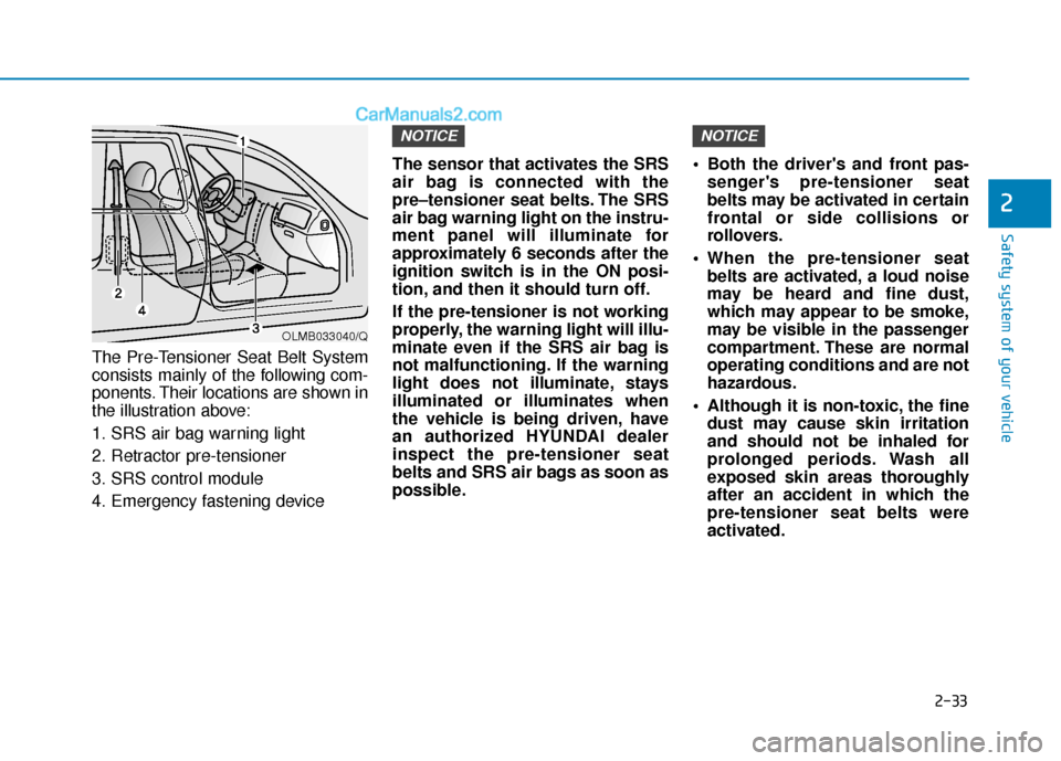 Hyundai Santa Fe 2020  Owners Manual 2-33
Safety system of your vehicle
2
The Pre-Tensioner Seat Belt System
consists mainly of the following com-
ponents. Their locations are shown in
the illustration above:
1. SRS air bag warning light