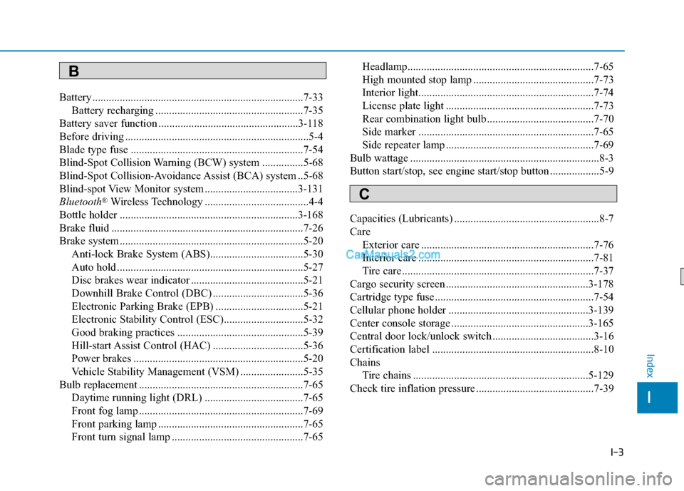 Hyundai Santa Fe 2020 Owners Manual I-3
Battery ........................................................................\
.....7-33Battery recharging ......................................................7-35
Battery saver function .... Hyundai Santa Fe 2020 Owners Manual I-3
Battery ........................................................................\
.....7-33Battery recharging ......................................................7-35
Battery saver function ....