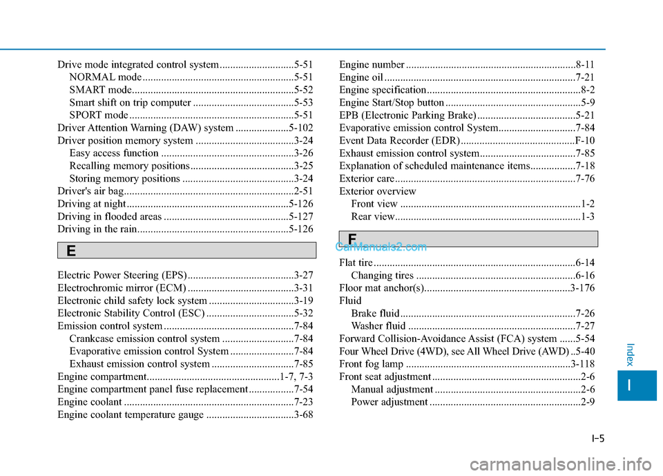 Hyundai Santa Fe 2020 Service Manual I-5
Drive mode integrated control system ............................5-51NORMAL mode .........................................................5-51
SMART mode...........................................