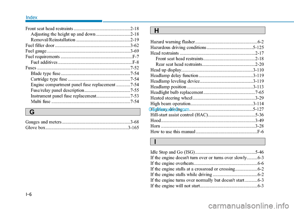 Hyundai Santa Fe 2020  Owners Manual I-6
Front seat head restraints ................................................2-18Adjusting the height up and down .............................2-18
Removal/Reinstallation ...........................