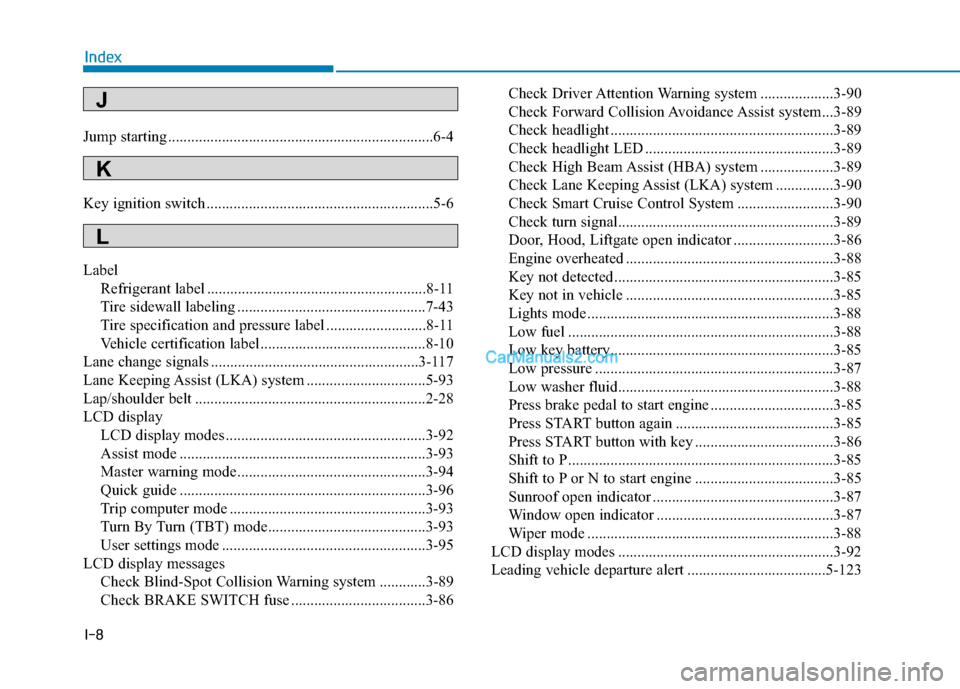 Hyundai Santa Fe 2020  Owners Manual I-8
Jump starting .....................................................................6-4\
Key ignition switch ...........................................................5-6
LabelRefrigerant label .