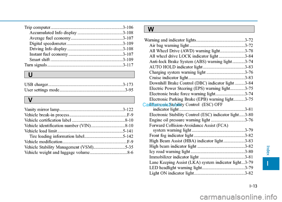 Hyundai Santa Fe 2020 Owners Guide I-13
Trip computer................................................................3-106Accumulated Info display ........................................3-108
Average fuel economy......................