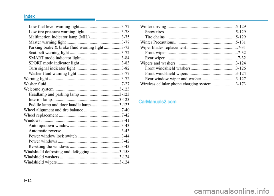 Hyundai Santa Fe 2020 Service Manual I-14
Low fuel level warning light ......................................3-77
Low tire pressure warning light .................................3-78
Malfunction Indicator lamp (MIL).....................