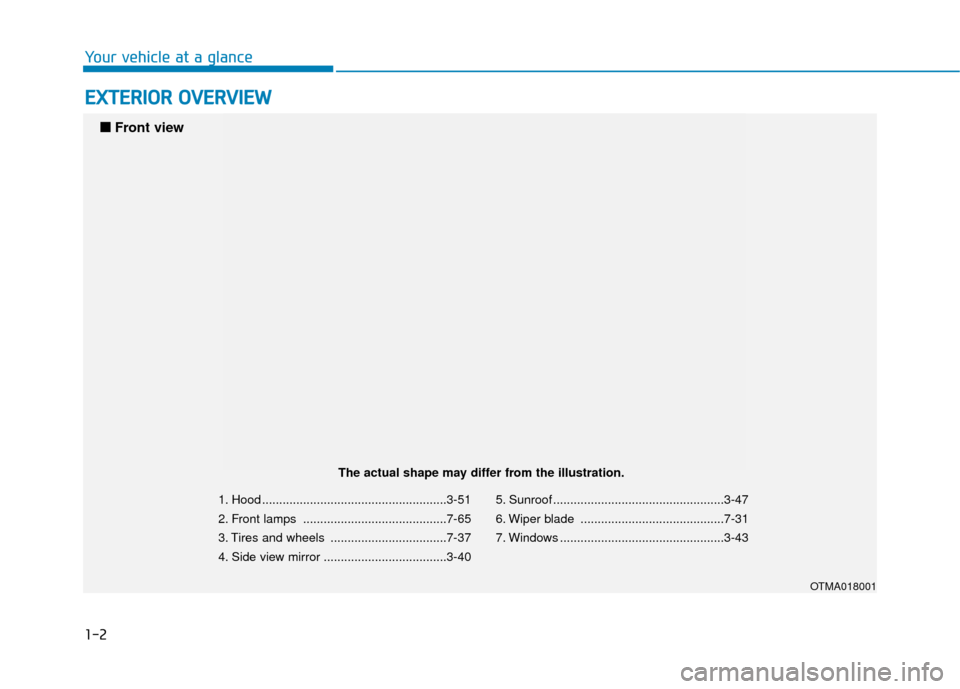 Hyundai Santa Fe 2019  Owners Manual 1-2
E
EX
X T
TE
ER
R I
IO
O R
R 
 O
O V
VE
ER
R V
V I
IE
E W
W
Your vehicle at a glance
1. Hood ......................................................3-51
2. Front lamps ..............................
