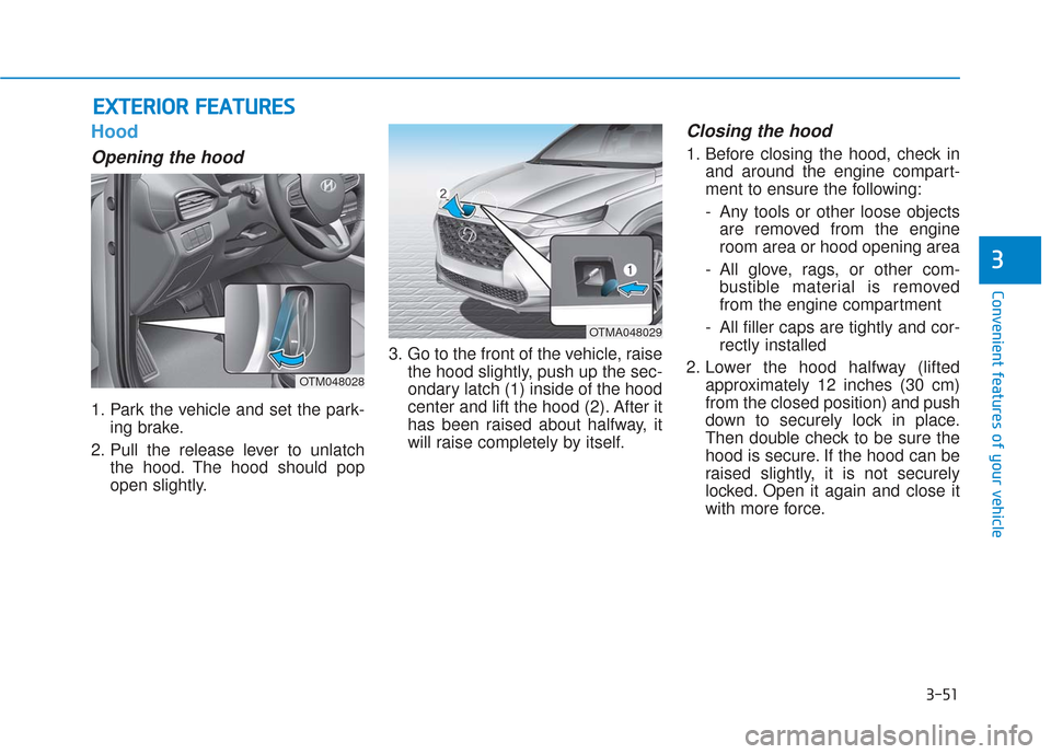 Hyundai Santa Fe 2019  Owners Manual 3-51
Convenient features of your vehicle
3
Hood
Opening the hood 
1. Park the vehicle and set the park-ing brake.
2. Pull the release lever to unlatch the hood. The hood should pop
open slightly. 3. G