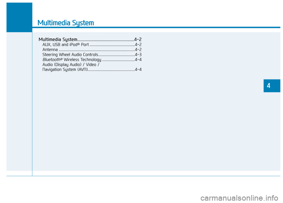 Hyundai Santa Fe 2019  Owners Manual Multimedia System
Multimedia System.................................................4-2
AUX, USB and iPod®Port ...............................................4-2
Antenna .............................