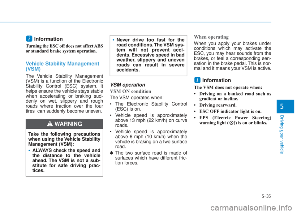 Hyundai Santa Fe 2019  Owners Manual 5-35
Driving your vehicle
5
Information
Turning the ESC off does not affect ABS
or standard brake system operation.
Vehicle Stability Management
(VSM)
The Vehicle Stability Management
(VSM) is a funct