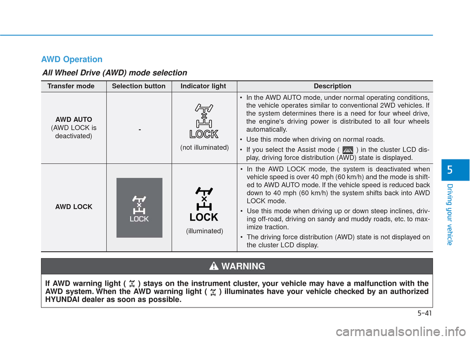 Hyundai Santa Fe 2019 Owners Manual 5-41
Driving your vehicle
5
AWD Operation
If AWD warning light ( ) stays on the instrument cluster, your vehicle may have a malfunction with the
AWD system. When the AWD warning light ( ) illuminates Hyundai Santa Fe 2019 Owners Manual 5-41
Driving your vehicle
5
AWD Operation
If AWD warning light ( ) stays on the instrument cluster, your vehicle may have a malfunction with the
AWD system. When the AWD warning light ( ) illuminates