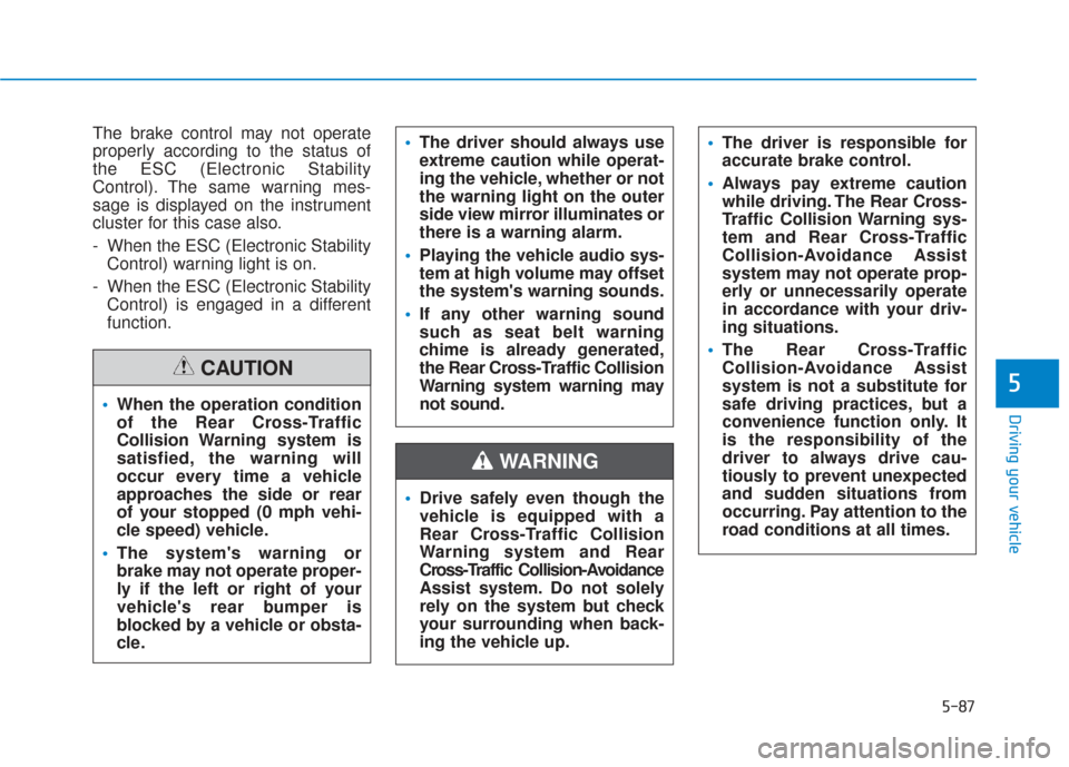 Hyundai Santa Fe 2019 User Guide 5-87
Driving your vehicle
5
The brake control may not operate
properly according to the status of
the ESC (Electronic Stability
Control). The same warning mes-
sage is displayed on the instrument
clus