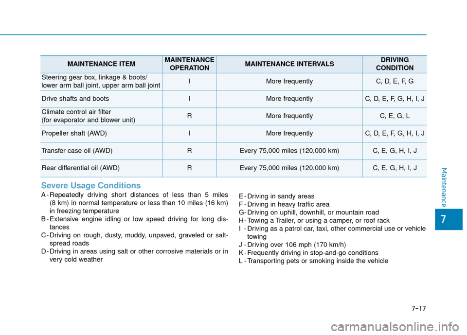 Hyundai Santa Fe 2019 Owners Manual Severe Usage Conditions
A - Repeatedly driving short distances of less than 5 miles (8 km) in normal temperature or less than 10 miles (16 km)
in freezing temperature
B - Extensive engine idling or lo Hyundai Santa Fe 2019 Owners Manual Severe Usage Conditions
A - Repeatedly driving short distances of less than 5 miles (8 km) in normal temperature or less than 10 miles (16 km)
in freezing temperature
B - Extensive engine idling or lo