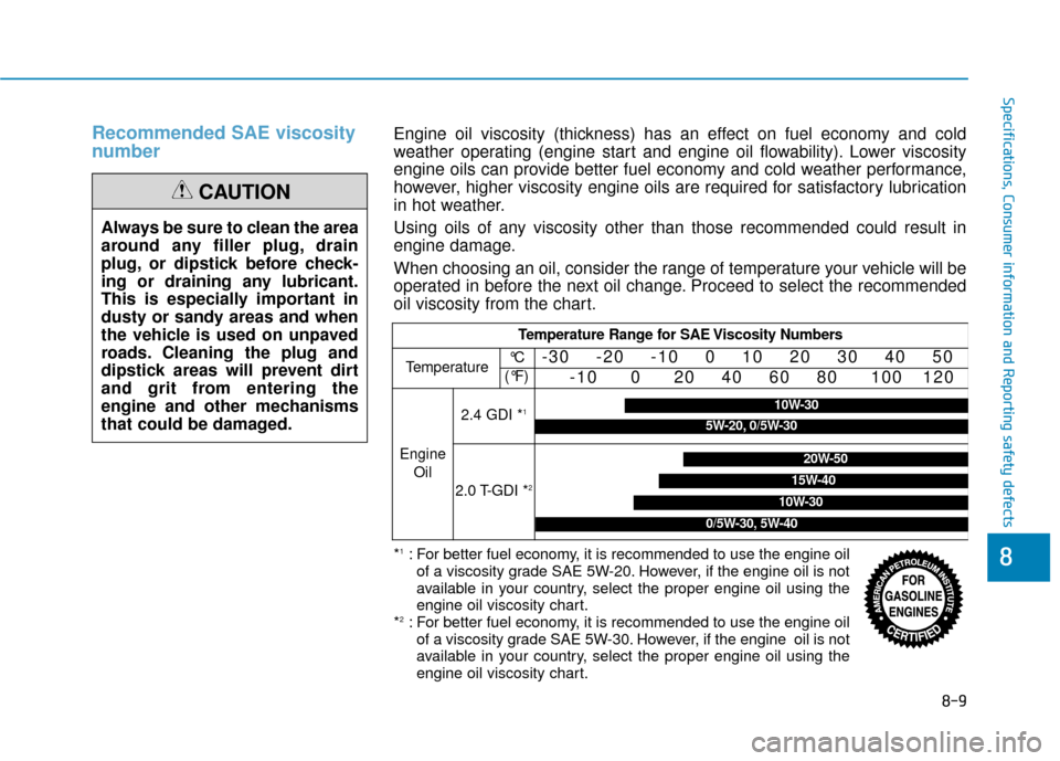 Hyundai Santa Fe 2019  Owners Manual 8-9
88
Specifications, Consumer information and Reporting safety defects
Recommended SAE viscosity
number 
Always be sure to clean the area
around any filler plug, drain
plug, or dipstick before check