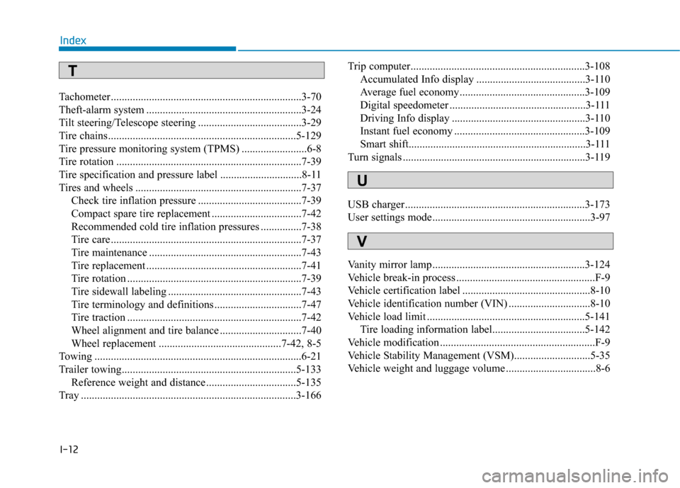 Hyundai Santa Fe 2019 User Guide I-12
Tachometer ......................................................................3-\
70
Theft-alarm system .........................................................3-24
Tilt steering/Telescope st
