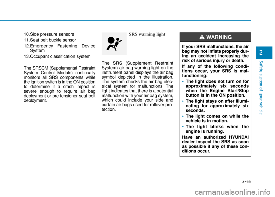 Hyundai Santa Fe 2019  Owners Manual 2-55
Safety system of your vehicle
2
10.Side pressure sensors
11.Seat belt buckle sensor
12.Emergency Fastening DeviceSystem
13.Occupant classification system
The SRSCM (Supplemental Restraint
System 