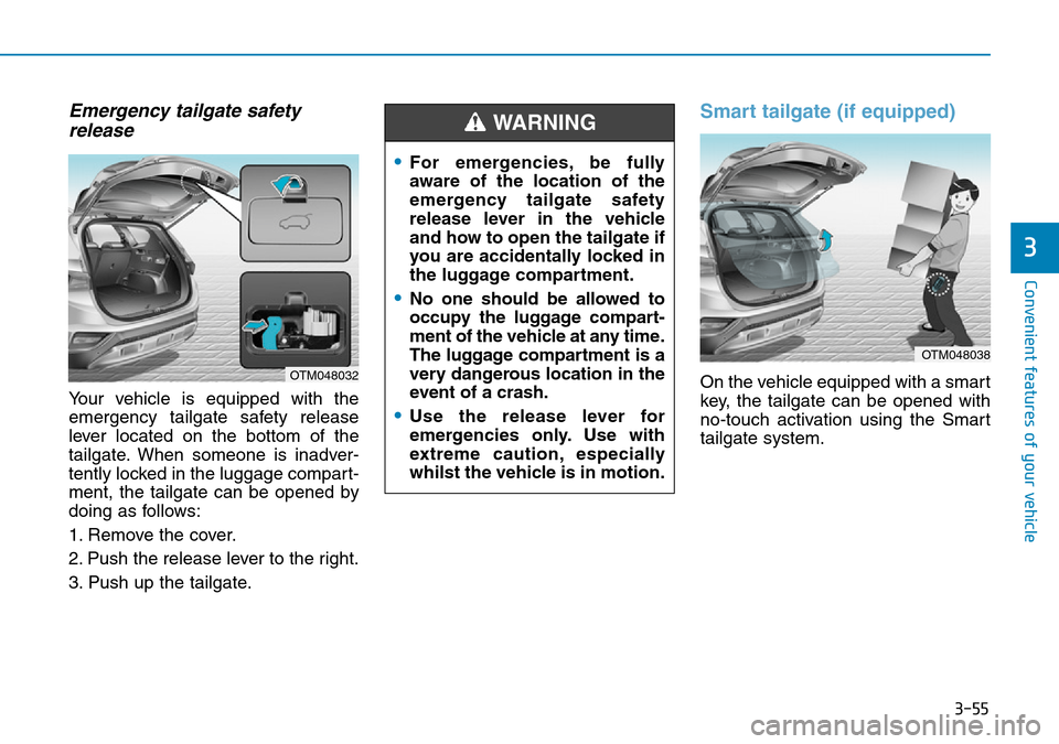 Hyundai Santa Fe 2019 Owners Manual - RHD (UK, Australia) 3-55
Convenient features of your vehicle
Emergency tailgate safety
release
Your vehicle is equipped with the
emergency tailgate safety release
lever located on the bottom of the
tailgate. When someone Hyundai Santa Fe 2019 Owners Manual - RHD (UK, Australia) 3-55
Convenient features of your vehicle
Emergency tailgate safety
release
Your vehicle is equipped with the
emergency tailgate safety release
lever located on the bottom of the
tailgate. When someone