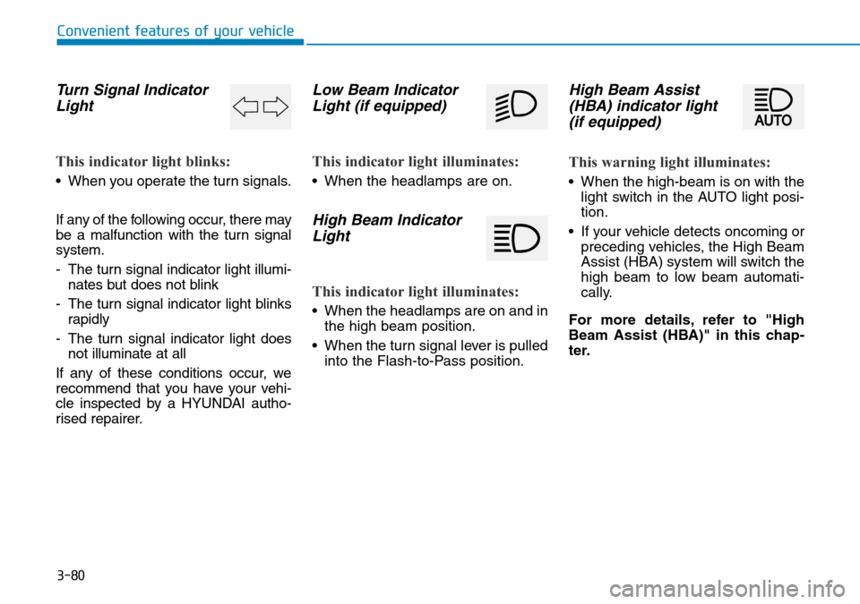 Hyundai Santa Fe 2019  Owners Manual - RHD (UK, Australia) 3-80
Convenient features of your vehicle
Turn Signal Indicator
Light
This indicator light blinks:
• When you operate the turn signals.
If any of the following occur, there may
be a malfunction with  Hyundai Santa Fe 2019  Owners Manual - RHD (UK, Australia) 3-80
Convenient features of your vehicle
Turn Signal Indicator
Light
This indicator light blinks:
• When you operate the turn signals.
If any of the following occur, there may
be a malfunction with