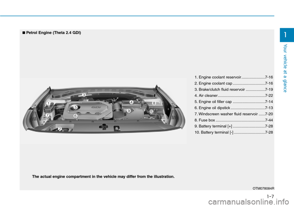 Hyundai Santa Fe 2019 - RHD (UK, Australia) User Guide 1-7
Your vehicle at a glance
1
1. Engine coolant reservoir ......................7-16
2. Engine coolant cap ..............................7-16
3. Brake/clutch fluid reservoir ..................7-19
4. Hyundai Santa Fe 2019 - RHD (UK, Australia) User Guide 1-7
Your vehicle at a glance
1
1. Engine coolant reservoir ......................7-16
2. Engine coolant cap ..............................7-16
3. Brake/clutch fluid reservoir ..................7-19
4.