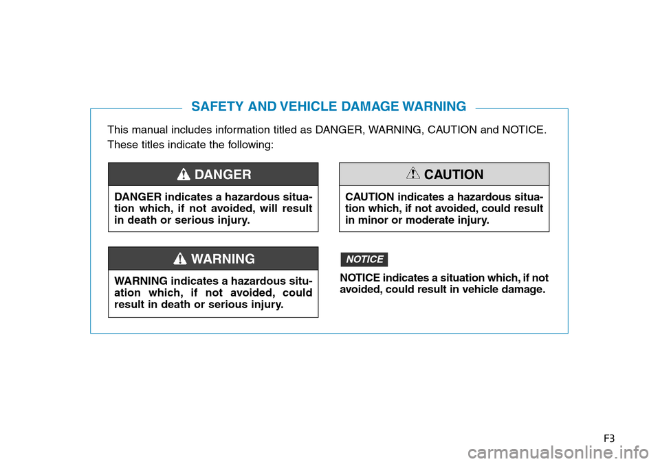 Hyundai Santa Fe 2019  Owners Manual - RHD (UK, Australia) F3
This manual includes information titled as DANGER, WARNING, CAUTION and NOTICE.
These titles indicate the following:
SAFETY AND VEHICLE DAMAGE WARNING
DANGER indicates a hazardous situa-
tion which