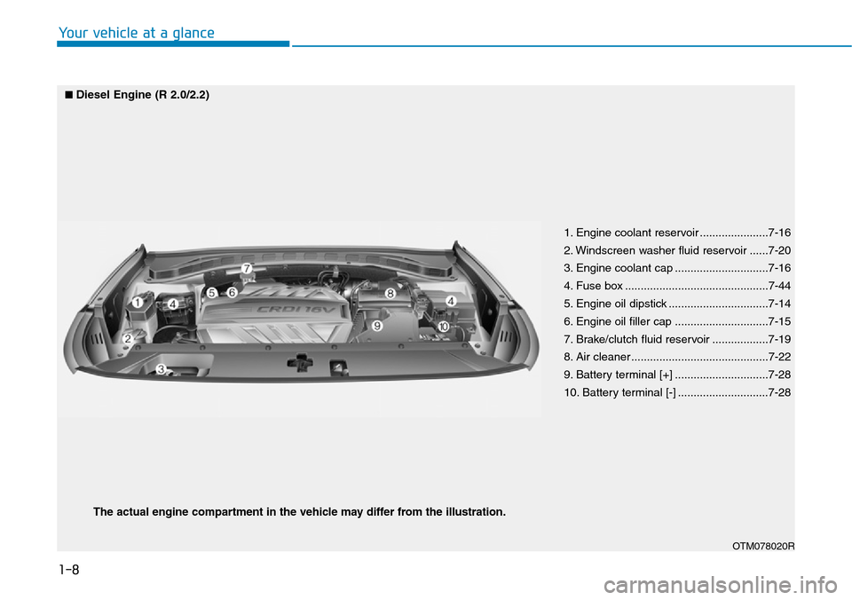 Hyundai Santa Fe 2019  Owners Manual - RHD (UK, Australia) 1-8
Your vehicle at a glance
1. Engine coolant reservoir ......................7-16
2. Windscreen washer fluid reservoir ......7-20
3. Engine coolant cap ..............................7-16
4. Fuse box