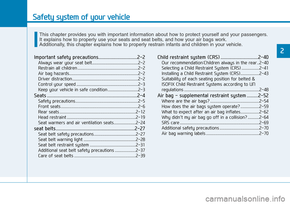 Hyundai Santa Fe 2019  Owners Manual - RHD (UK, Australia) Safety system of your vehicle
2
Important safety precautions...............................2-2
Always wear your seat belt............................................2-2
Restrain all children .........