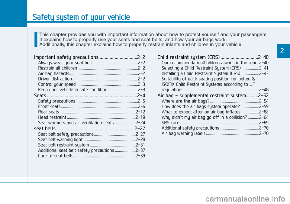 Hyundai Santa Fe 2019 - RHD (UK, Australia) Owners Guide Safety system of your vehicle
2
Important safety precautions...............................2-2
Always wear your seat belt............................................2-2
Restrain all children ......... Hyundai Santa Fe 2019 - RHD (UK, Australia) Owners Guide Safety system of your vehicle
2
Important safety precautions...............................2-2
Always wear your seat belt............................................2-2
Restrain all children .........