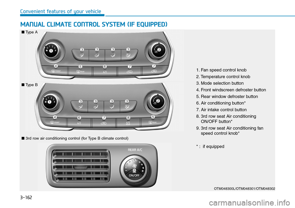 Hyundai Santa Fe 2019 Owners Manual - RHD (UK, Australia) 3-162
Convenient features of your vehicle
MANUAL CLIMATE CONTROL SYSTEM (IF EQUIPPED)
OTM048300L/OTM048301/OTM048302
1. Fan speed control knob
2. Temperature control knob
3. Mode selection button
4. F Hyundai Santa Fe 2019 Owners Manual - RHD (UK, Australia) 3-162
Convenient features of your vehicle
MANUAL CLIMATE CONTROL SYSTEM (IF EQUIPPED)
OTM048300L/OTM048301/OTM048302
1. Fan speed control knob
2. Temperature control knob
3. Mode selection button
4. F