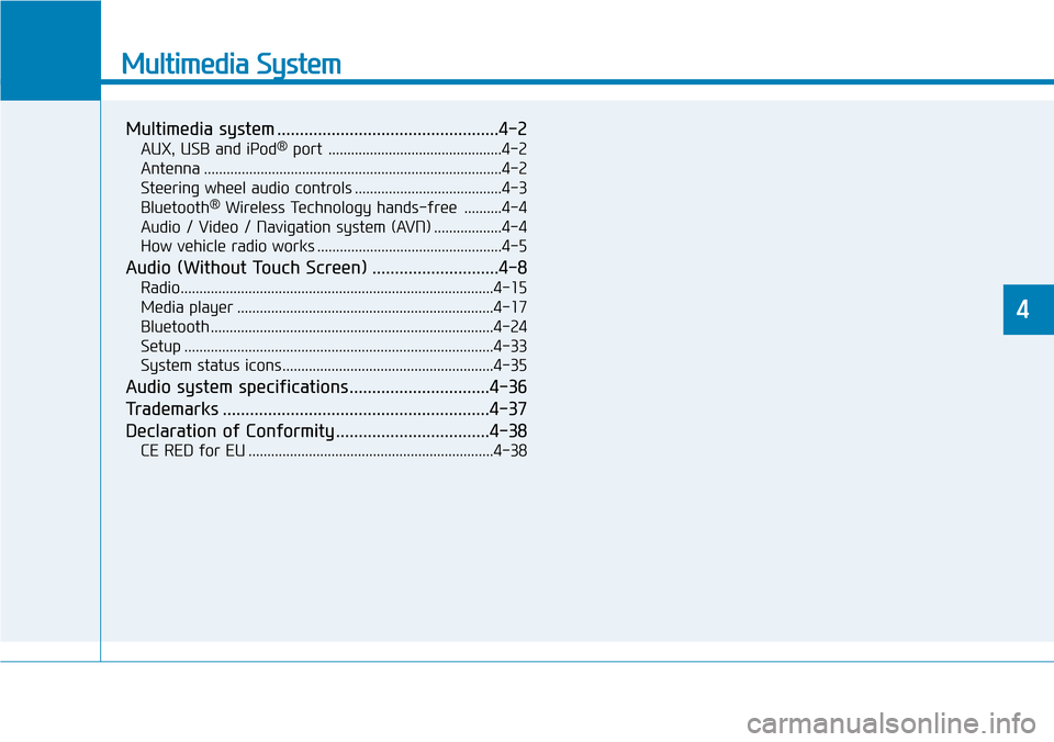 Hyundai Santa Fe 2019 Owners Manual - RHD (UK, Australia) Multimedia System
Multimedia system .................................................4-2
AUX, USB and iPod®port ..............................................4-2
Antenna ............................. Hyundai Santa Fe 2019 Owners Manual - RHD (UK, Australia) Multimedia System
Multimedia system .................................................4-2
AUX, USB and iPod®port ..............................................4-2
Antenna .............................