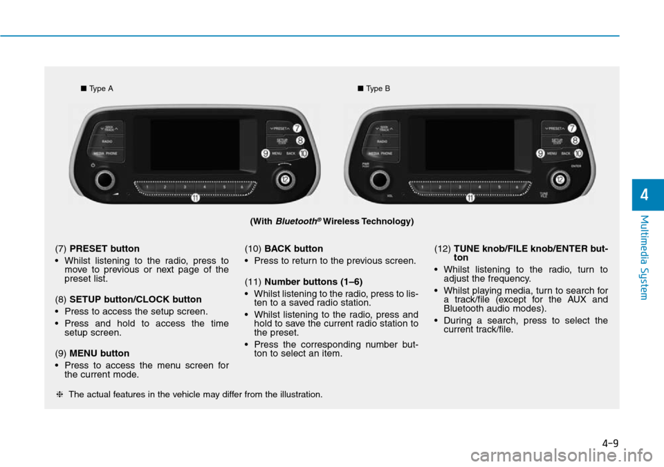 Hyundai Santa Fe 2019 Owners Manual - RHD (UK, Australia) 4-9
Multimedia System
4
(With Bluetooth®Wireless Technology)
■Type A■Type B
❈The actual features in the vehicle may differ from the illustration.
(7) PRESET button
• Whilst listening to the r Hyundai Santa Fe 2019 Owners Manual - RHD (UK, Australia) 4-9
Multimedia System
4
(With Bluetooth®Wireless Technology)
■Type A■Type B
❈The actual features in the vehicle may differ from the illustration.
(7) PRESET button
• Whilst listening to the r